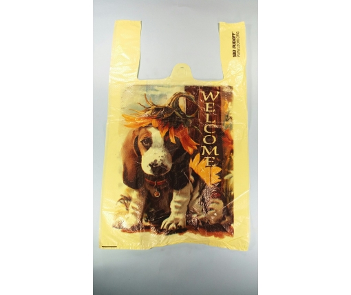 Пакеты "майка"(28+2*7,5х49) с  изображения"Собака Welcome"Леони (100 шт)