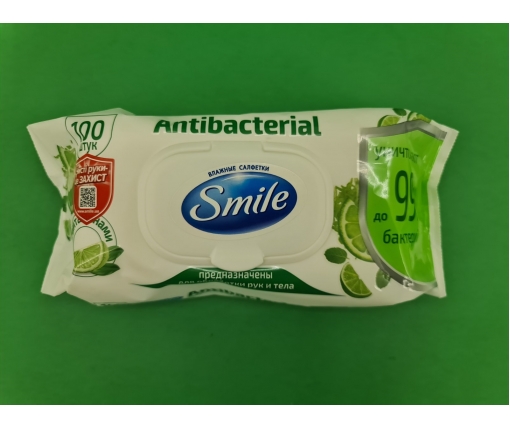 ᐉ Влажная салфетка  SMAILE 100шт Antibacterial  с клапаном (1 пачка)
