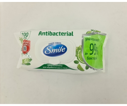 ᐉ Влажная салфетка  SMAILE 100шт Antibacterial  с клапаном (1 пачка)