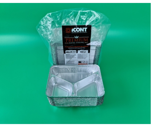 Контейнер из пищевой алюминиевой фольги прямоугольный трехсекционный  190/280/360мл M3L 100шт в упаковки (1 пачка)