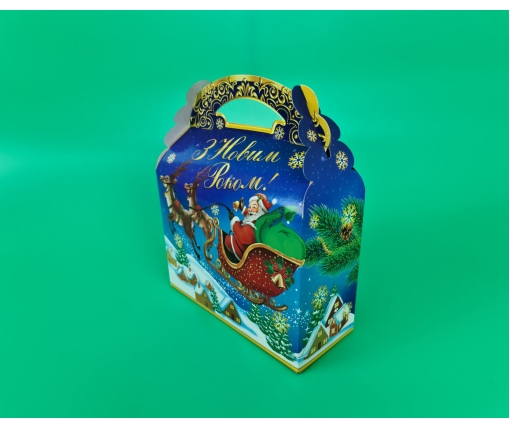 Новогодние коробки для конфет № 205 (800-900гр) Дед Мороз на санях (25 шт)