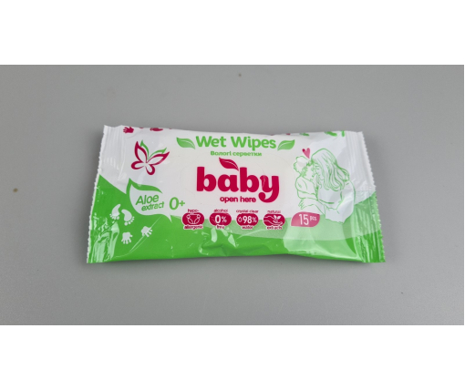 ᐉ Влажная салфетка  15 шт WET WIPES BABY ALOE ЗЕЛЕНАЯ (1 пачка)