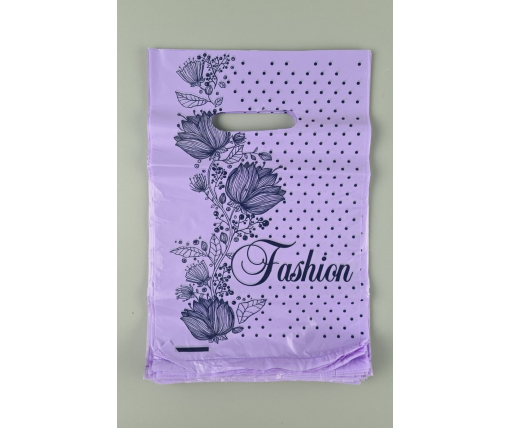 Пакет с прорезной ручкой (20*30)"Fashion цветы Фиолетовый"Леоми (100 шт)