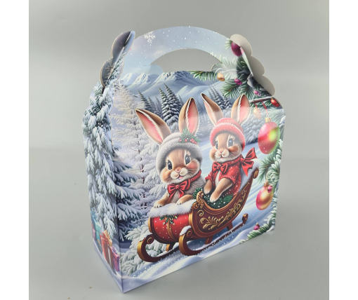 Новогодняя подарочная картонная упаковка для конфет (800грм) №205 "Медвежата и зайчики на санях"  (1 шт)