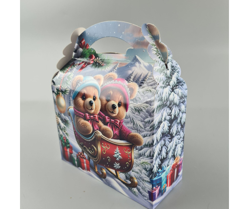 Новогодняя подарочная картонная упаковка для конфет (800грм) №205 "Медвежата и зайчики на санях"  (1 шт)