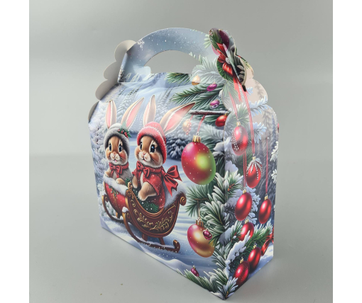 Новогодняя подарочная картонная упаковка для конфет (800грм) №205 "Медвежата и зайчики на санях"  (1 шт)