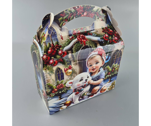 Новогодняя подарочная картонная упаковка для конфет (800грм) №210 "Дети с домашними питомцами"  (1 шт)