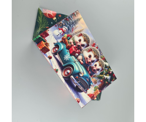 Новогодняя подарочная картонная упаковка для конфет (500грм) №240 "Ежики на машинке"   (1 шт)