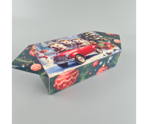 Новогодняя подарочная картонная упаковка для конфет (500грм) №240 "Ежики на машинке"   (1 шт)