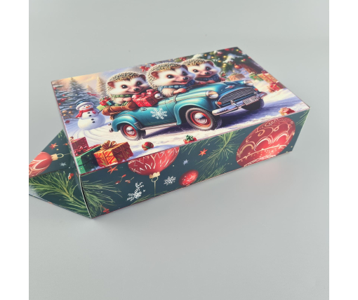 Новогодняя подарочная картонная упаковка для конфет (500грм) №240 "Ежики на машинке"   (1 шт)