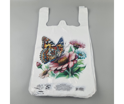 Пакеты "майка"(28+2*7,5х50) с  изображением "Бабочка на цветке" (100 шт)