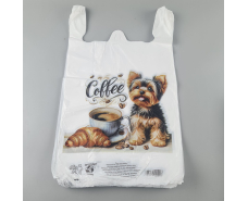 Пакеты "майка"(28+2*7,5х50) с  изображением "Йорк с кофе" (100 шт)