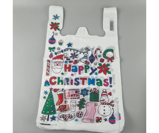 Пакеты "майка"(28+2*7,5х50) с  изображением НГ "Happy" (100 шт)