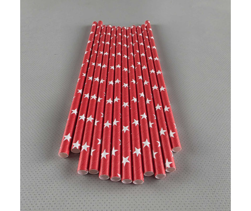 Соломка трубочка бумажная Ø 5 мм 20 см "Звезда " красная  25шт (1 пачка)