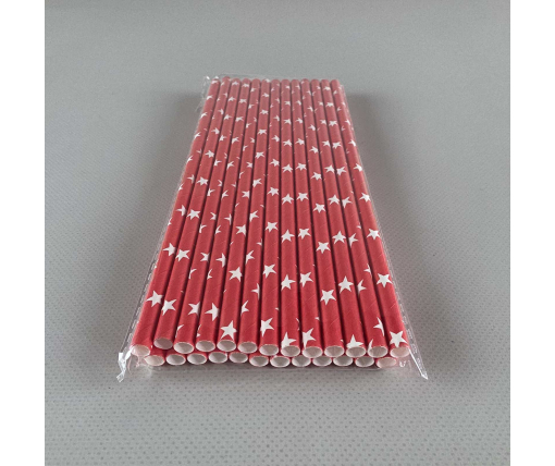 Соломка трубочка бумажная Ø 5 мм 20 см "Звезда " красная  25шт (1 пачка)