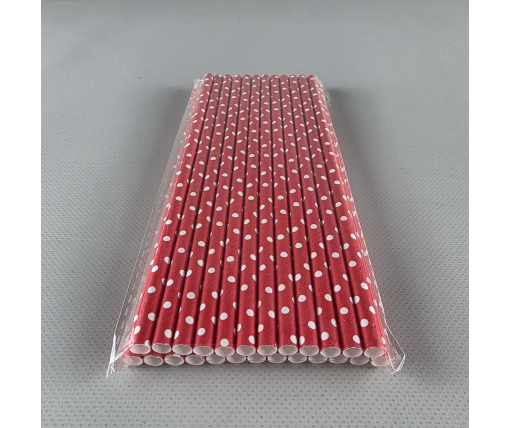 Соломка трубочка бумажная Ø 5 мм 20 см "Горошек белый " красная  25шт (1 пачка)