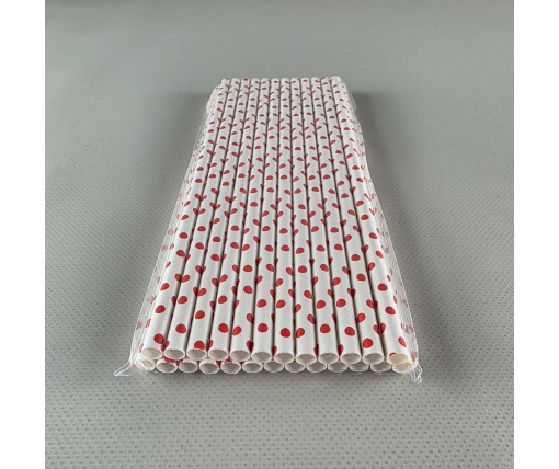 Соломка трубочка бумажная Ø 5 мм 20 см "Горошек красный " белая  25шт (1 пачка)