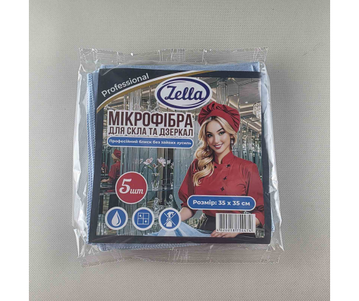 Cалфетка Микрофибра Zella   для стекла 5 шт (1 пачка)